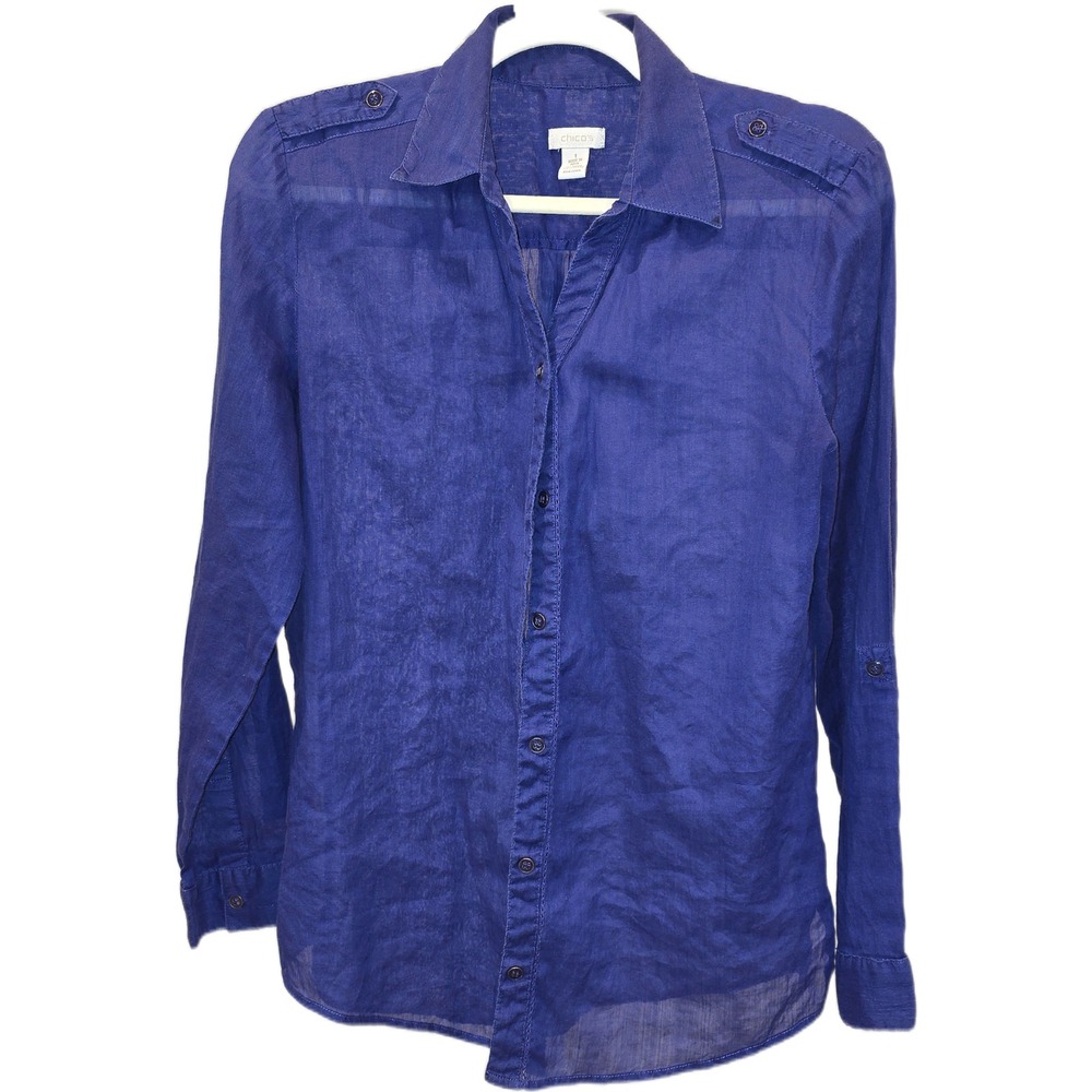 Chico's Royal Blue Ramie Cotton Button Down Shirt Epaulets Size 1 Medium